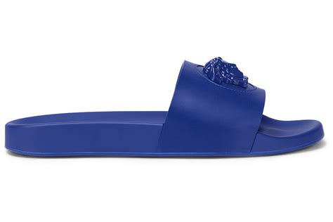 versace blue slides|Versace la medusa leather slides.